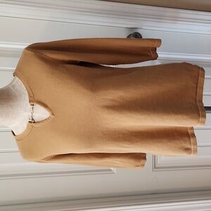 Soft Beige V-Neck Sweater with Metallic Gold Throat Clasp